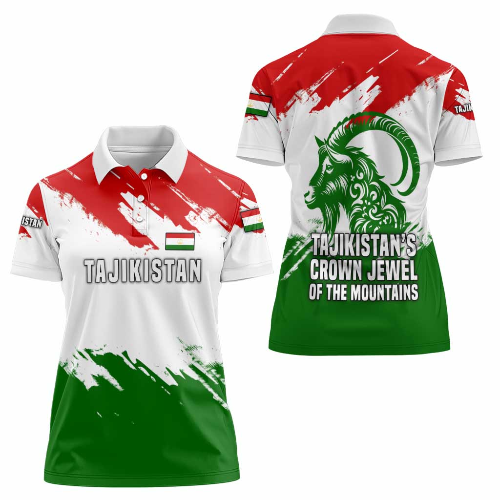 Tajikistan Women Polo Shirt Markhor with Red Green White Brushstroke Flag with Mountain Goat Design