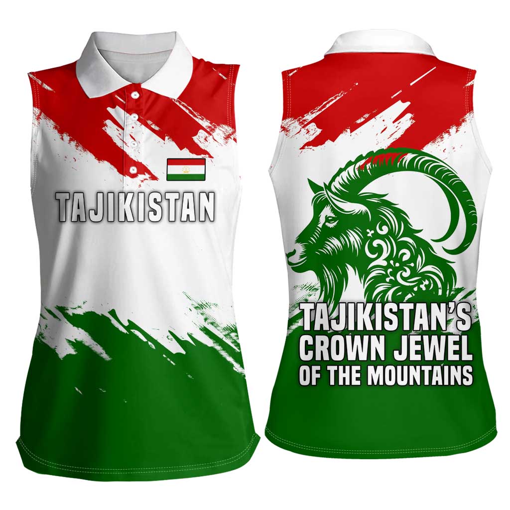 Tajikistan Women Sleeveless Polo Shirt Markhor with Red Green White Brushstroke Flag with Mountain Goat Design