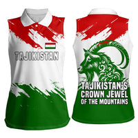 Tajikistan Women Sleeveless Polo Shirt Markhor with Red Green White Brushstroke Flag with Mountain Goat Design
