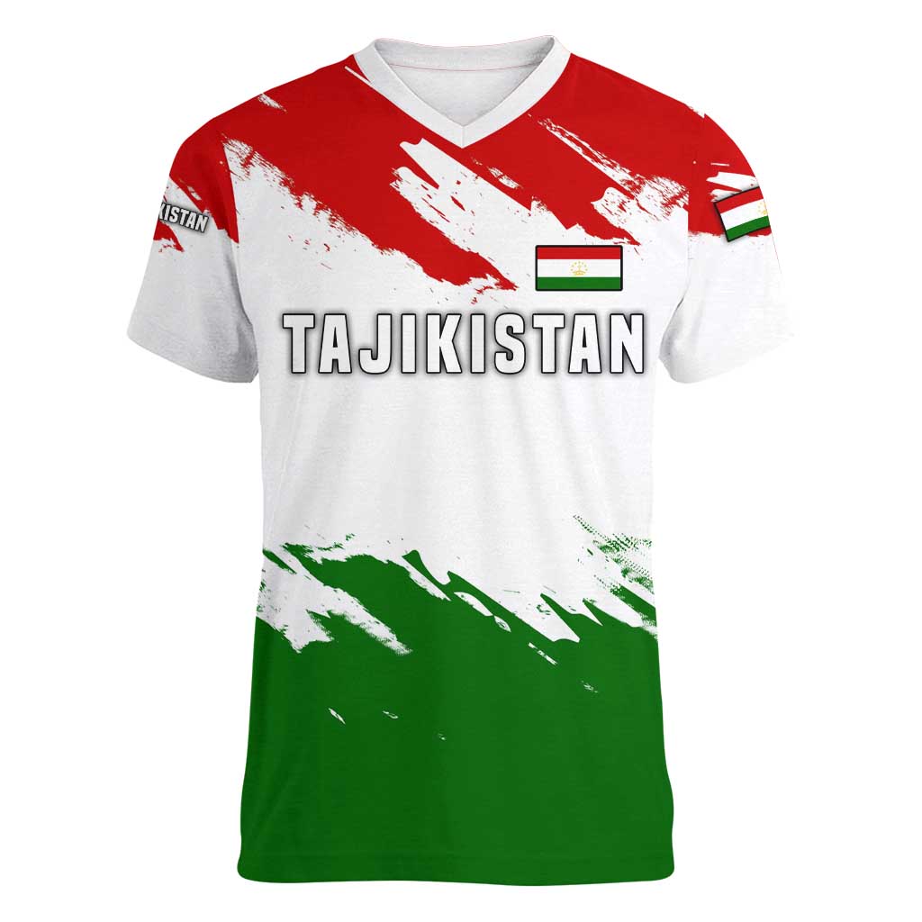 Tajikistan Women V-Neck T-Shirt Markhor with Red Green White Brushstroke Flag with Mountain Goat Design