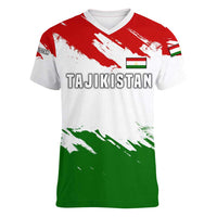 Tajikistan Women V-Neck T-Shirt Markhor with Red Green White Brushstroke Flag with Mountain Goat Design