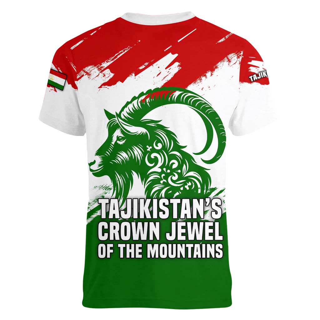 Tajikistan Women V-Neck T-Shirt Markhor with Red Green White Brushstroke Flag with Mountain Goat Design