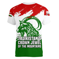 Tajikistan Women V-Neck T-Shirt Markhor with Red Green White Brushstroke Flag with Mountain Goat Design