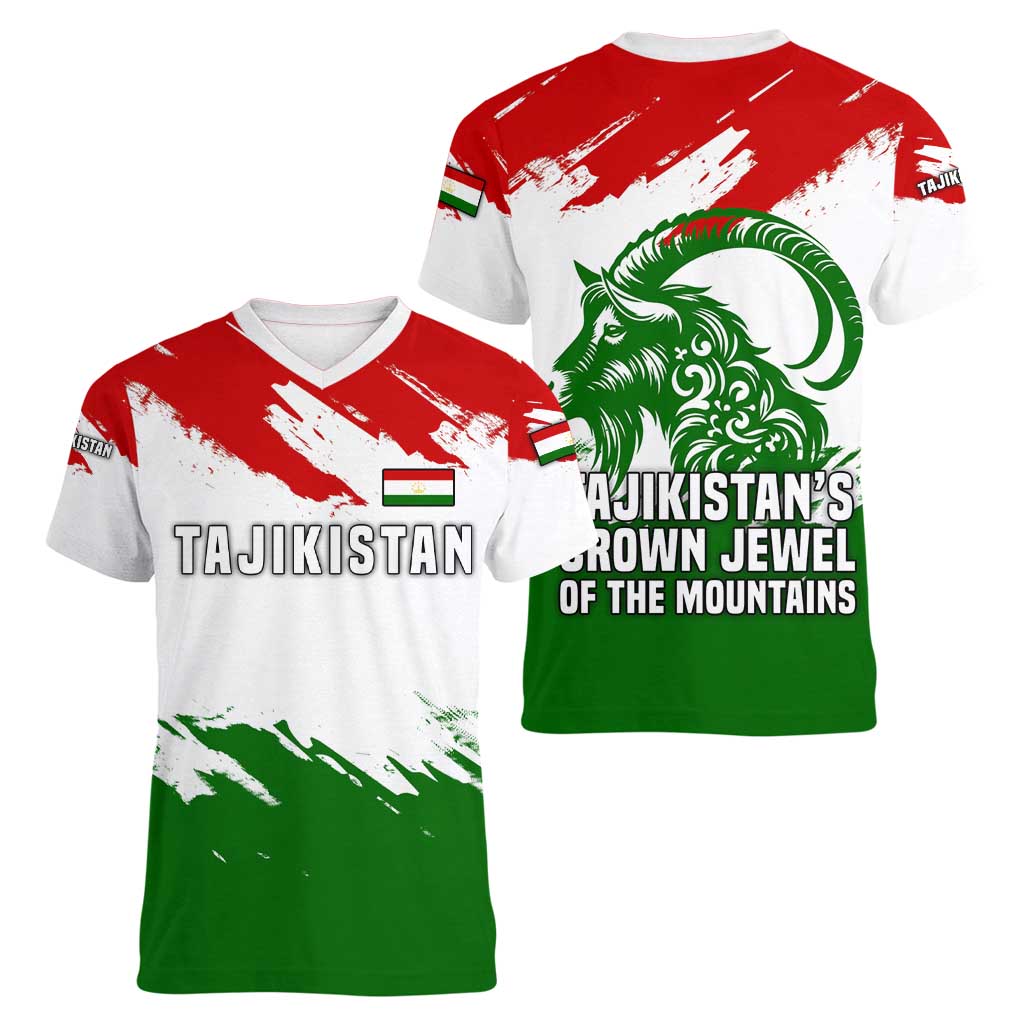 Tajikistan Women V-Neck T-Shirt Markhor with Red Green White Brushstroke Flag with Mountain Goat Design