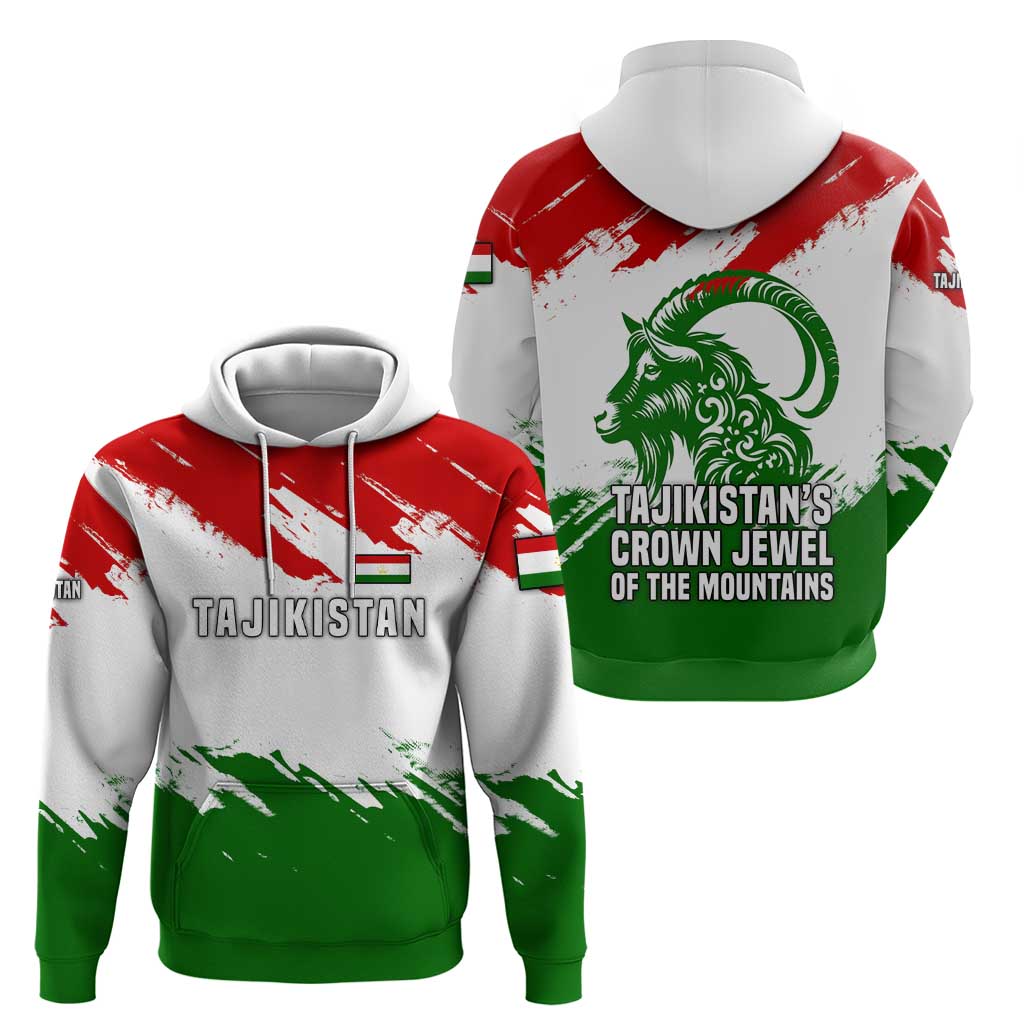 Tajikistan Zip Hoodie Markhor with Red Green White Brushstroke Flag with Mountain Goat Design