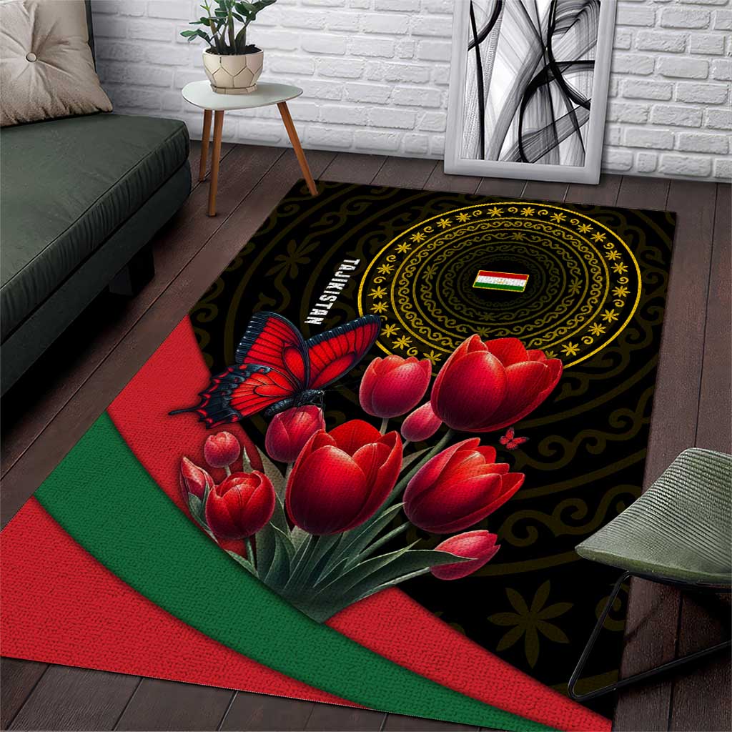 Tajikistan Area Rug Tulip with Red Floral Butterfly with Black Gold Folk Pattern