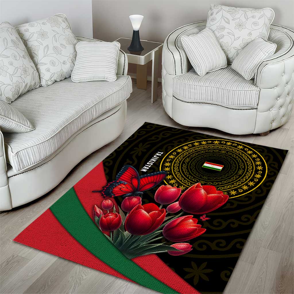 Tajikistan Area Rug Tulip with Red Floral Butterfly with Black Gold Folk Pattern