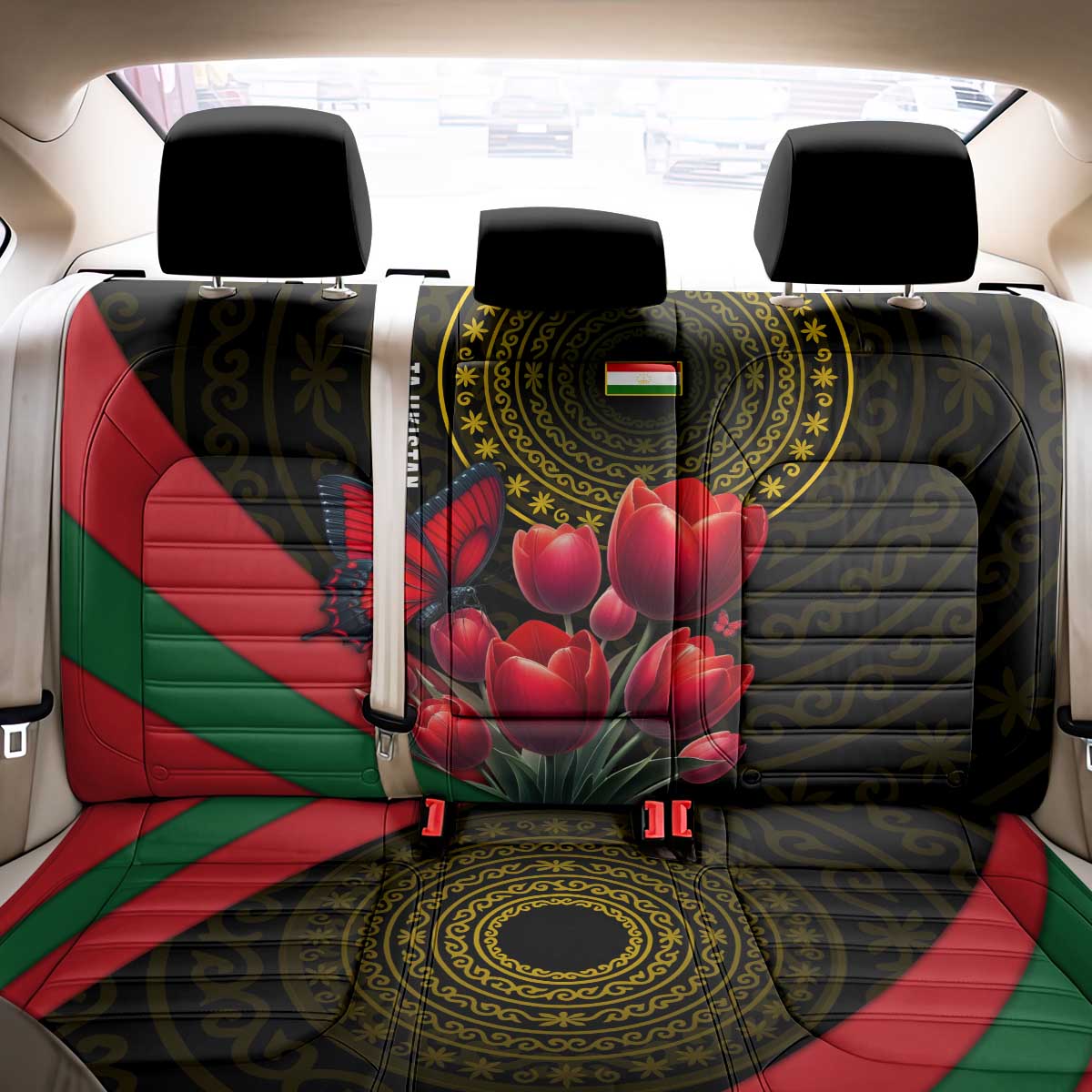 Tajikistan Back Car Seat Cover Tulip with Red Floral Butterfly with Black Gold Folk Pattern