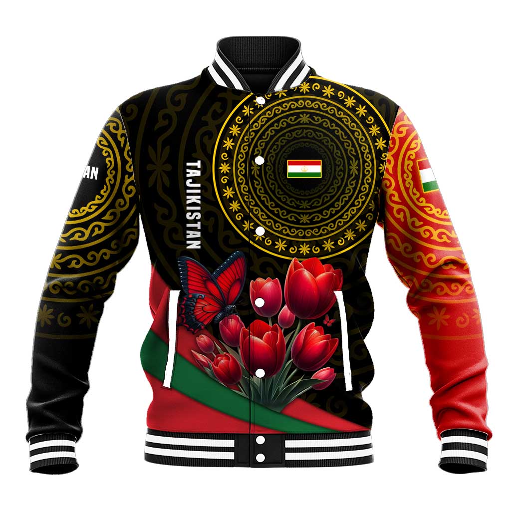 Tajikistan Baseball Jacket Tulip with Red Floral Butterfly with Black Gold Folk Pattern