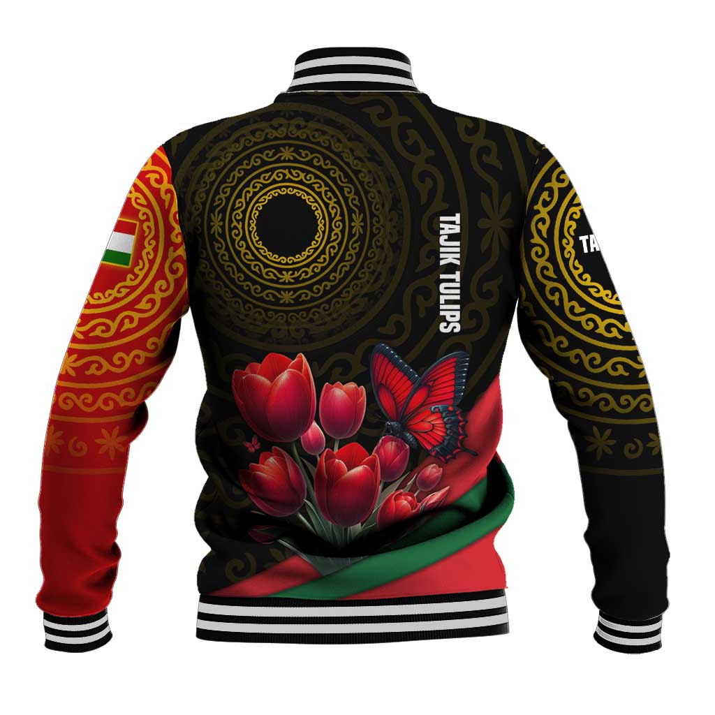 Tajikistan Baseball Jacket Tulip with Red Floral Butterfly with Black Gold Folk Pattern