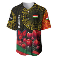 Tajikistan Baseball Jersey Tulip with Red Floral Butterfly with Black Gold Folk Pattern