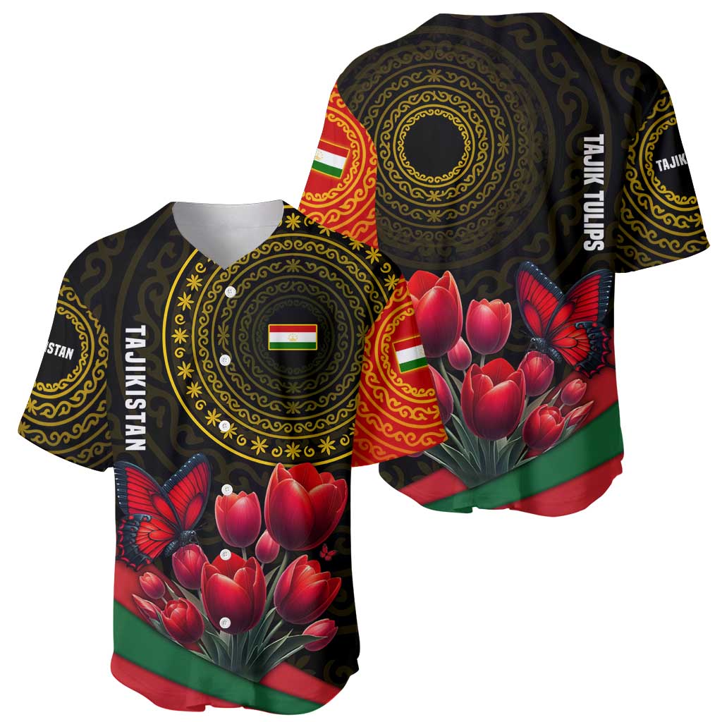Tajikistan Baseball Jersey Tulip with Red Floral Butterfly with Black Gold Folk Pattern