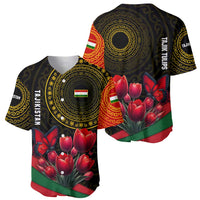 Tajikistan Baseball Jersey Tulip with Red Floral Butterfly with Black Gold Folk Pattern