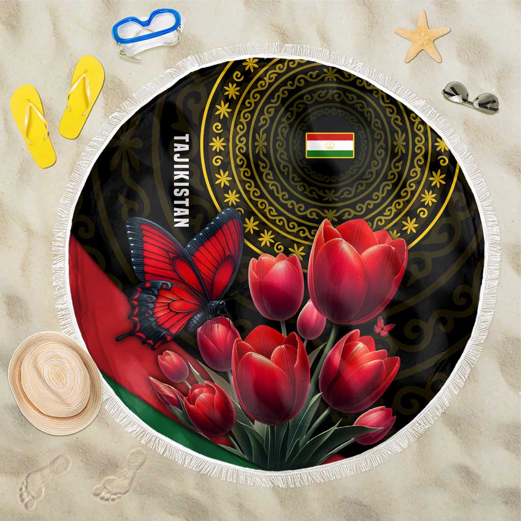 Tajikistan Beach Blanket Tulip with Red Floral Butterfly with Black Gold Folk Pattern