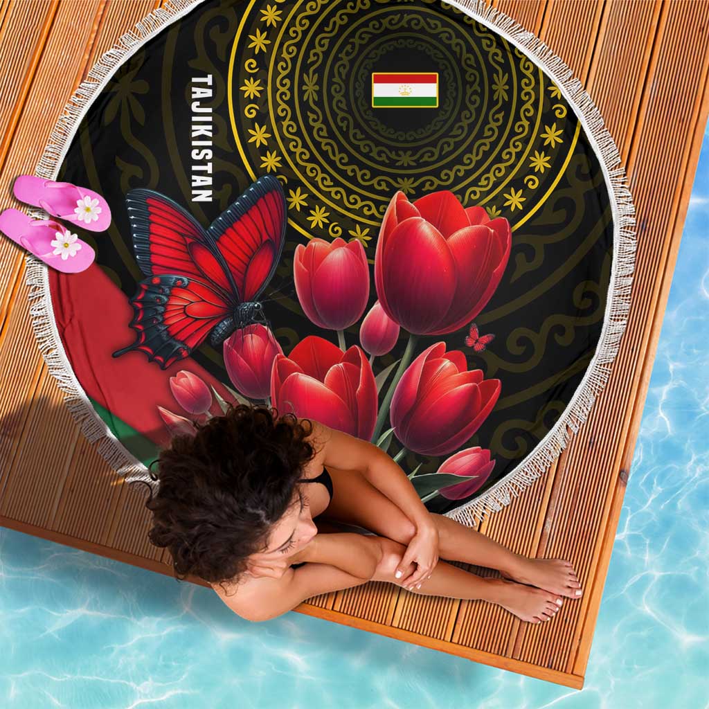Tajikistan Beach Blanket Tulip with Red Floral Butterfly with Black Gold Folk Pattern