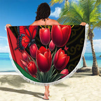 Tajikistan Beach Blanket Tulip with Red Floral Butterfly with Black Gold Folk Pattern