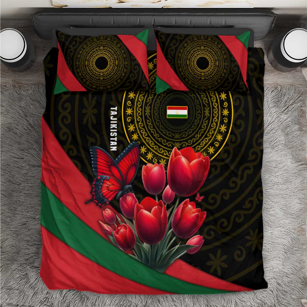 Tajikistan Bedding Set Tulip with Red Floral Butterfly with Black Gold Folk Pattern