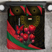 Tajikistan Bedding Set Tulip with Red Floral Butterfly with Black Gold Folk Pattern
