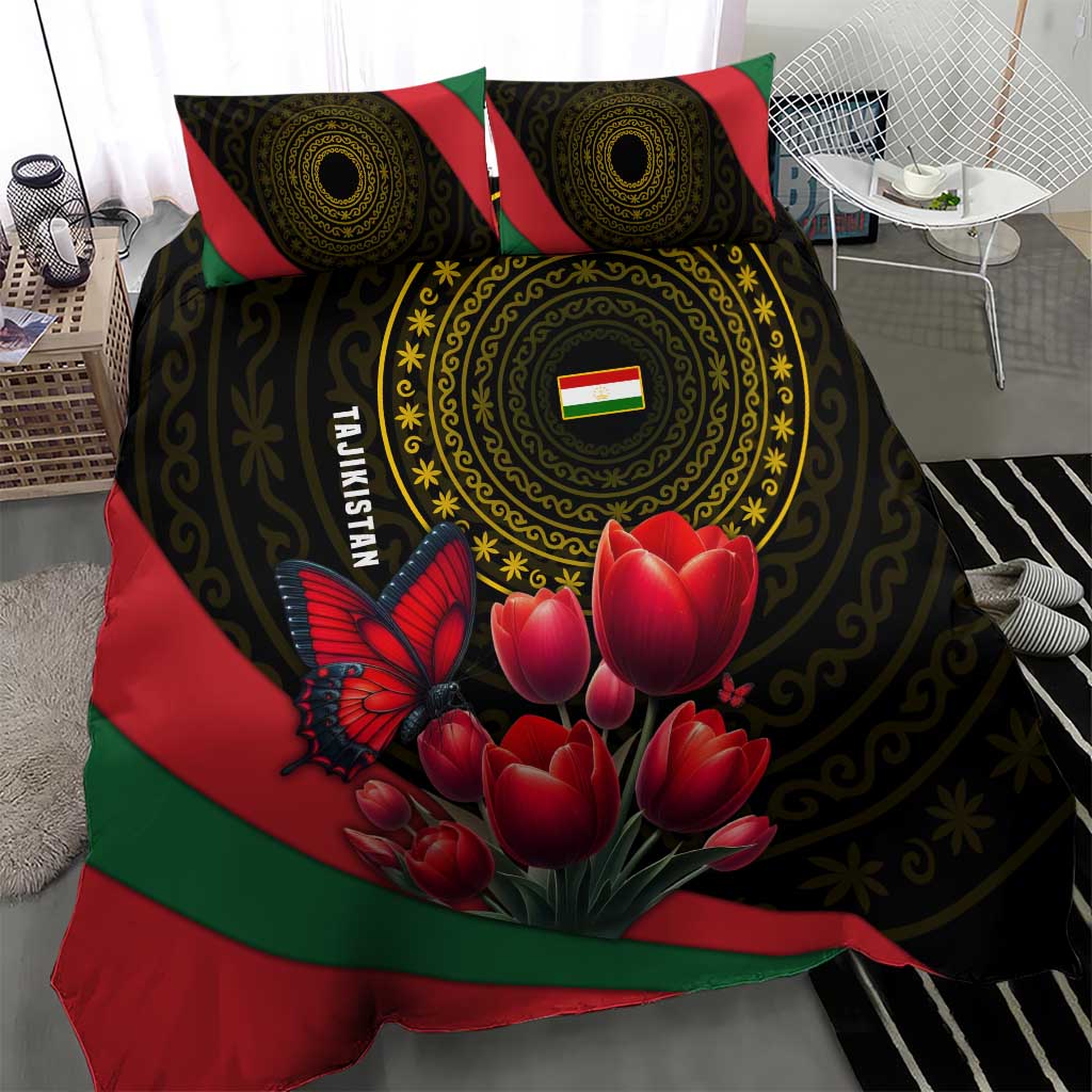 Tajikistan Bedding Set Tulip with Red Floral Butterfly with Black Gold Folk Pattern