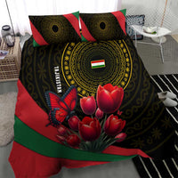Tajikistan Bedding Set Tulip with Red Floral Butterfly with Black Gold Folk Pattern