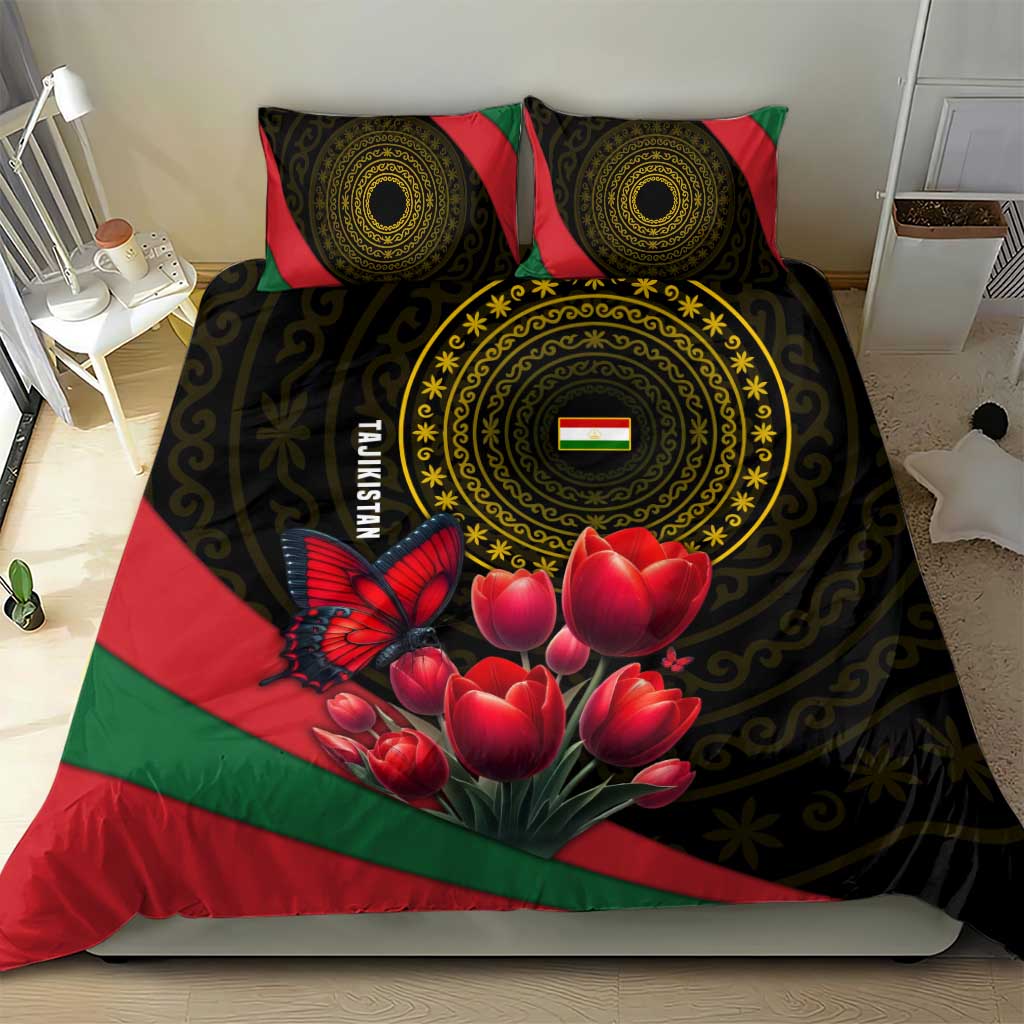 Tajikistan Bedding Set Tulip with Red Floral Butterfly with Black Gold Folk Pattern