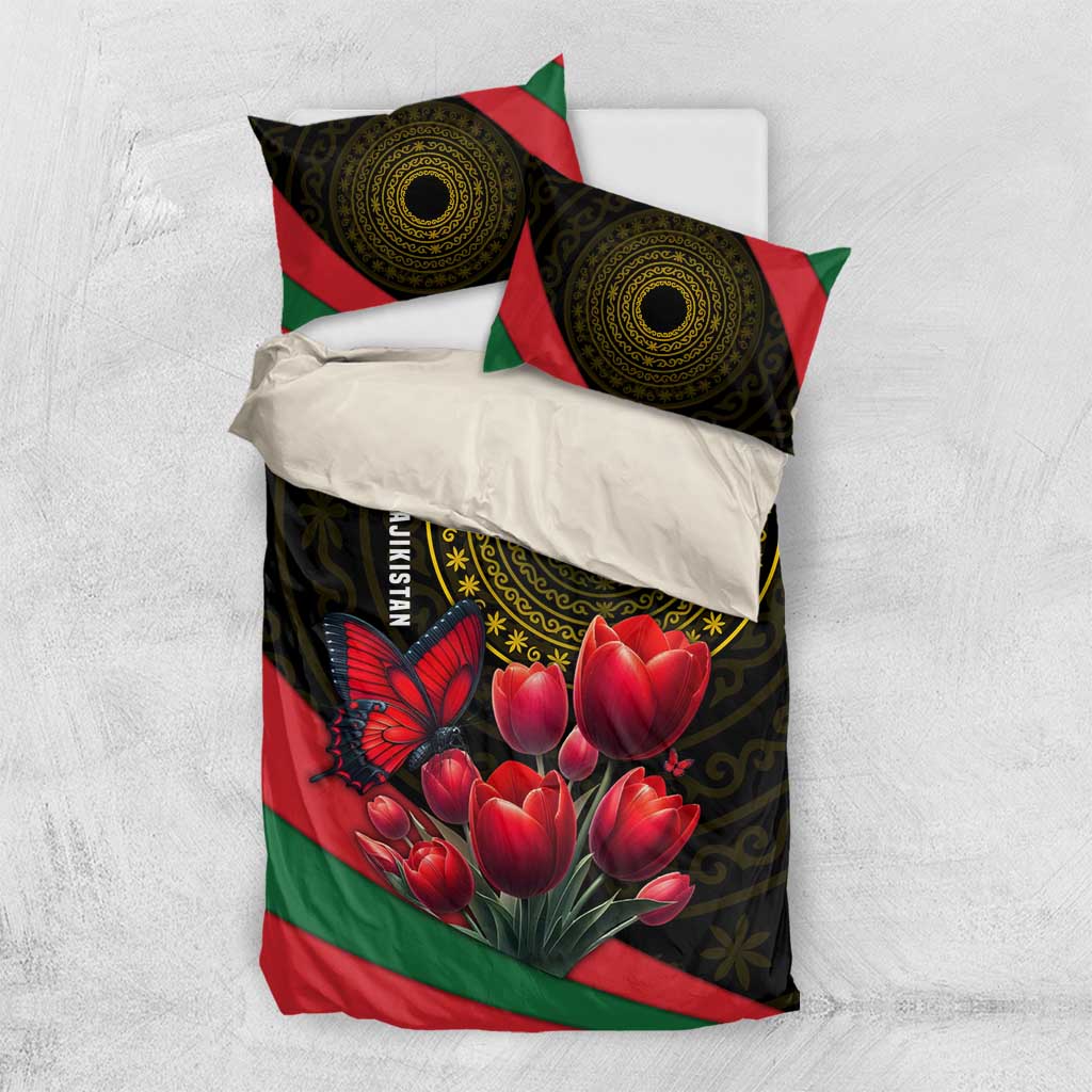 Tajikistan Bedding Set Tulip with Red Floral Butterfly with Black Gold Folk Pattern