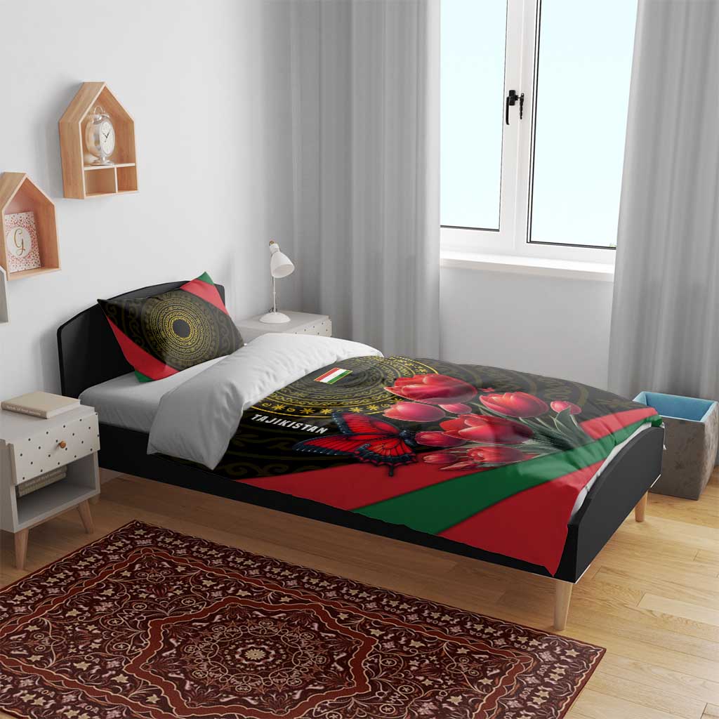 Tajikistan Bedding Set Tulip with Red Floral Butterfly with Black Gold Folk Pattern