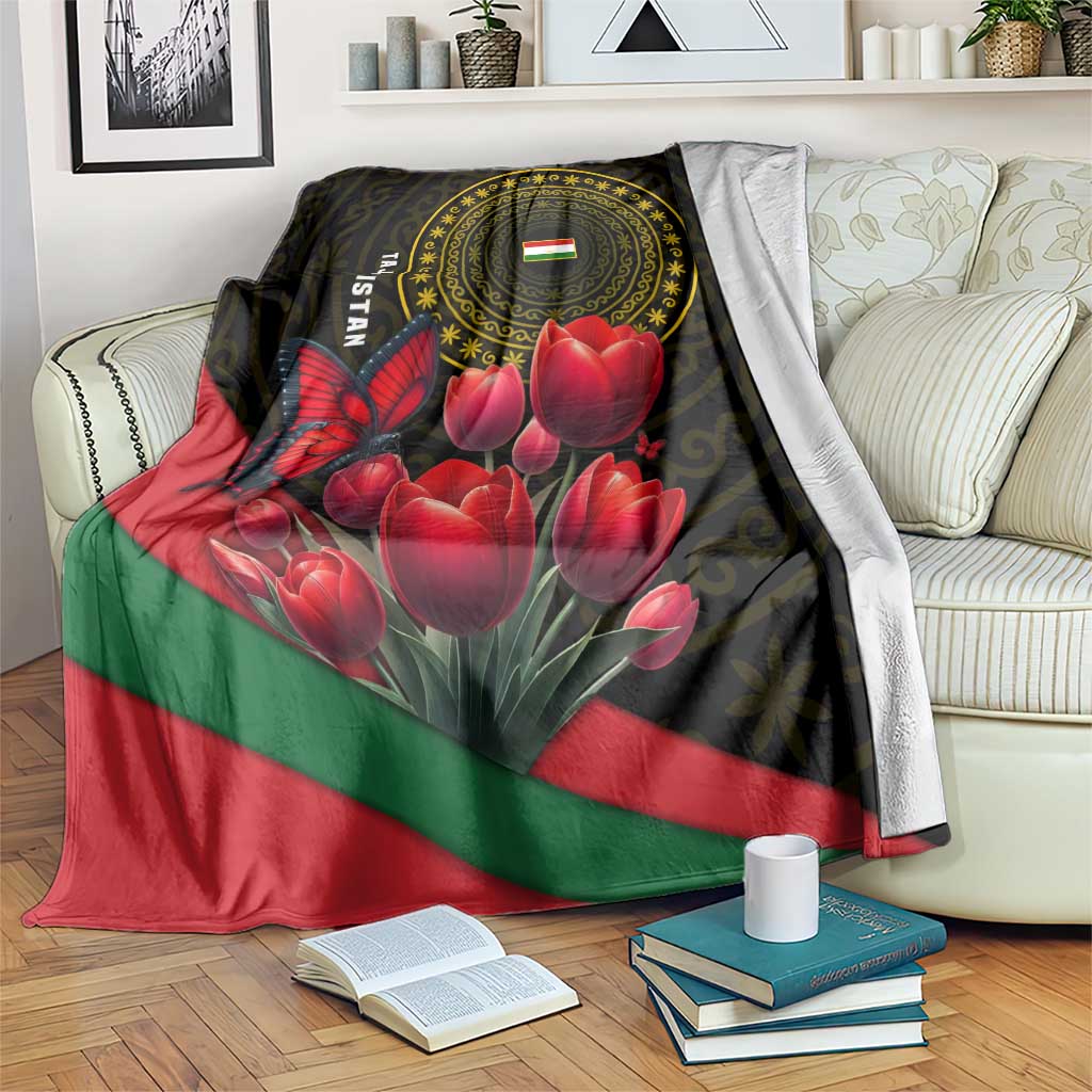 Tajikistan Blanket Tulip with Red Floral Butterfly with Black Gold Folk Pattern
