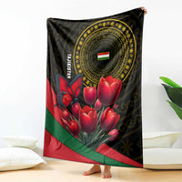 Tajikistan Blanket Tulip with Red Floral Butterfly with Black Gold Folk Pattern