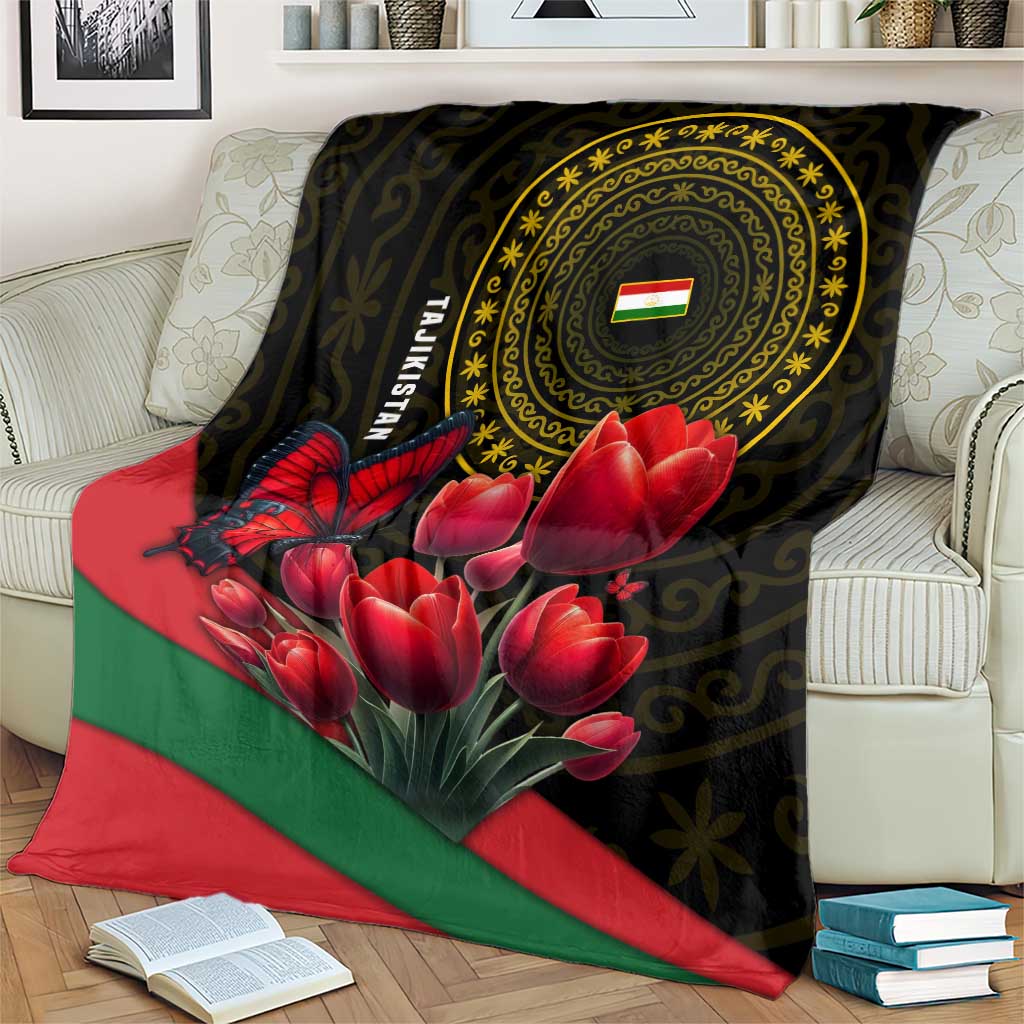 Tajikistan Blanket Tulip with Red Floral Butterfly with Black Gold Folk Pattern