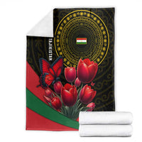 Tajikistan Blanket Tulip with Red Floral Butterfly with Black Gold Folk Pattern