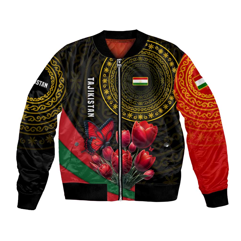Tajikistan Bomber Jacket Tulip with Red Floral Butterfly with Black Gold Folk Pattern