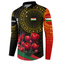 Tajikistan Button Sweatshirt Tulip with Red Floral Butterfly with Black Gold Folk Pattern