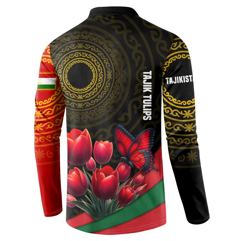 Tajikistan Button Sweatshirt Tulip with Red Floral Butterfly with Black Gold Folk Pattern