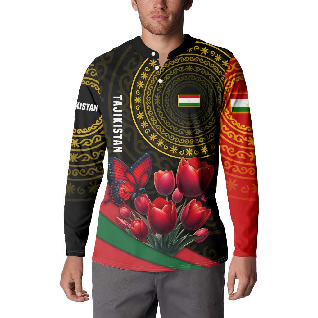 Tajikistan Button Sweatshirt Tulip with Red Floral Butterfly with Black Gold Folk Pattern