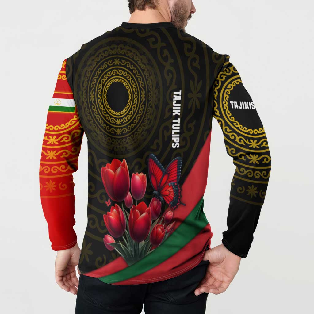 Tajikistan Button Sweatshirt Tulip with Red Floral Butterfly with Black Gold Folk Pattern