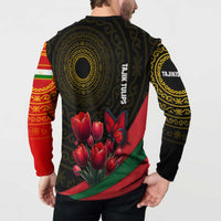 Tajikistan Button Sweatshirt Tulip with Red Floral Butterfly with Black Gold Folk Pattern