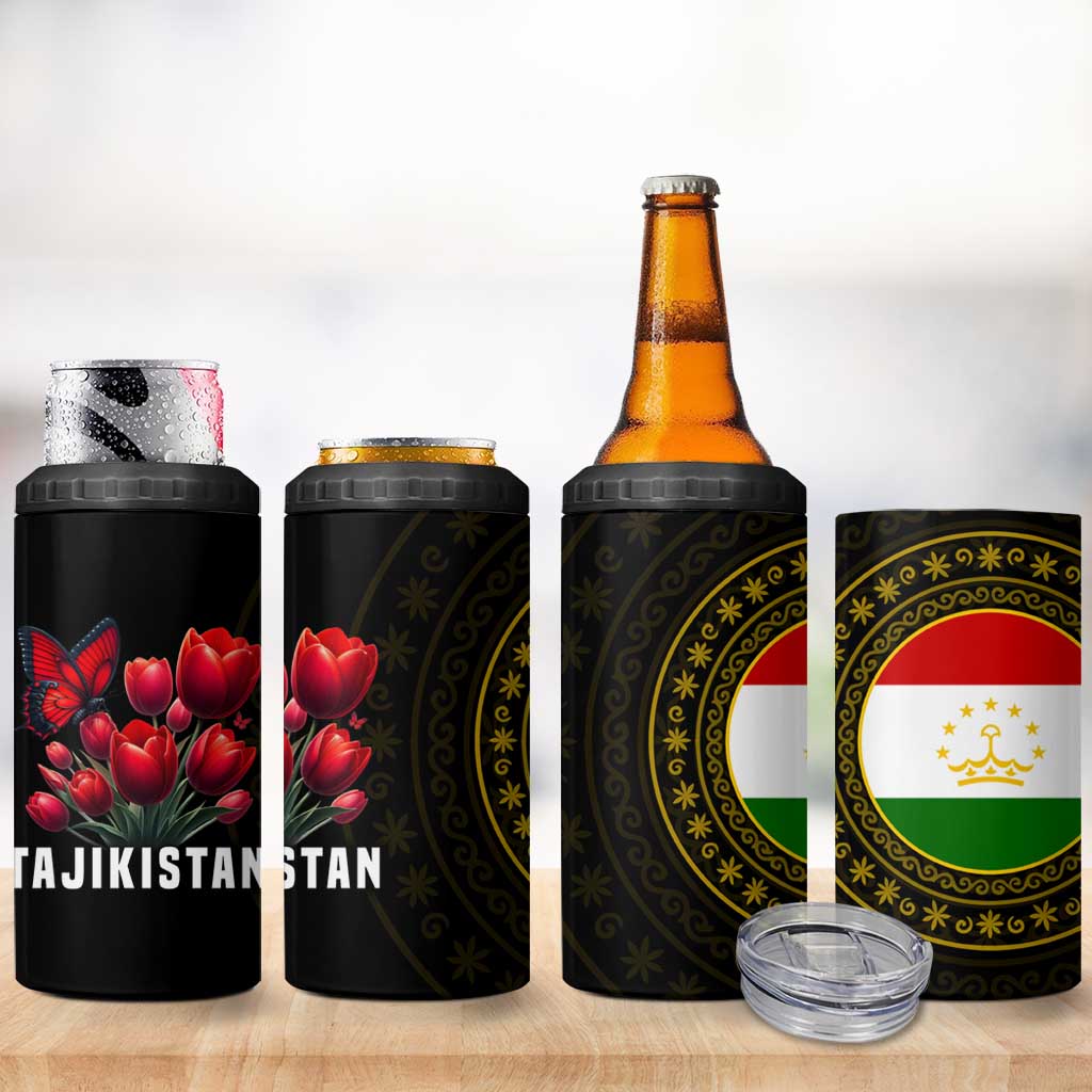 Tajikistan 4 in 1 Can Cooler Tumbler Tulip with Red Floral Butterfly with Black Gold Folk Pattern