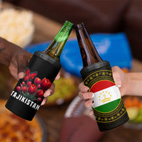 Tajikistan 4 in 1 Can Cooler Tumbler Tulip with Red Floral Butterfly with Black Gold Folk Pattern