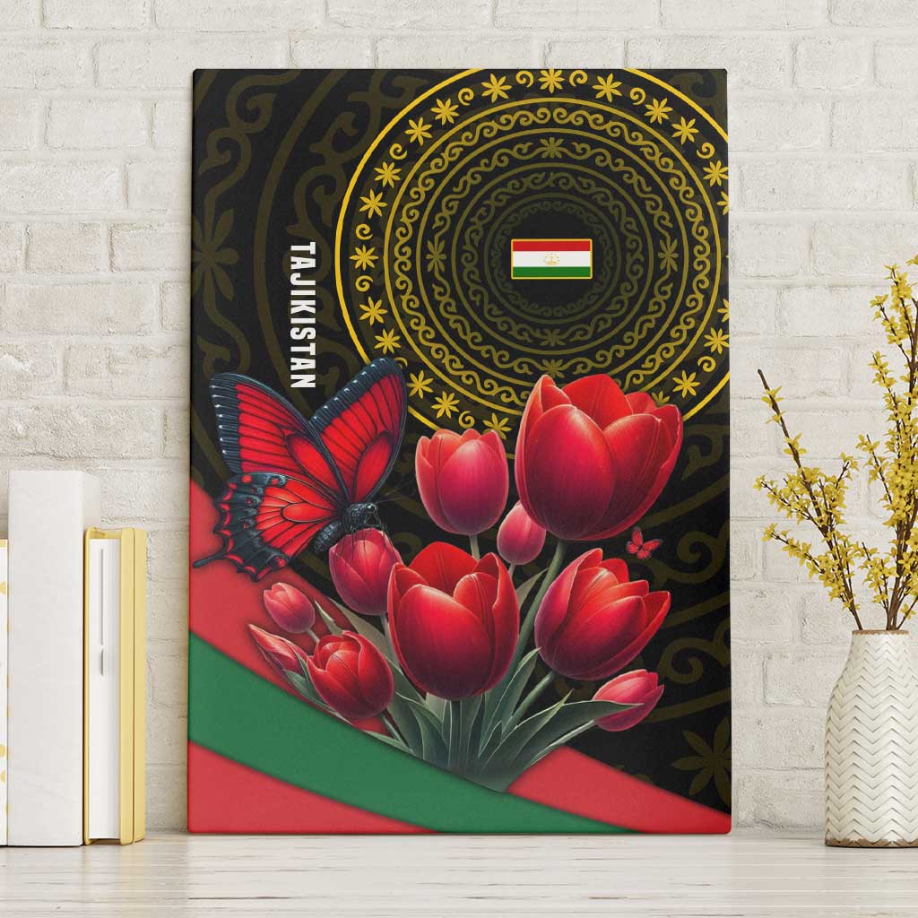 Tajikistan Canvas Wall Art Tulip with Red Floral Butterfly with Black Gold Folk Pattern