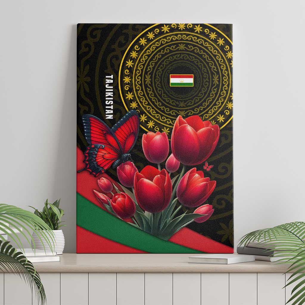 Tajikistan Canvas Wall Art Tulip with Red Floral Butterfly with Black Gold Folk Pattern
