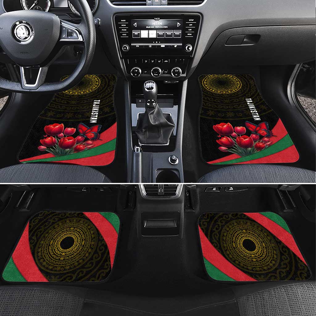 Tajikistan Car Mats Tulip with Red Floral Butterfly with Black Gold Folk Pattern