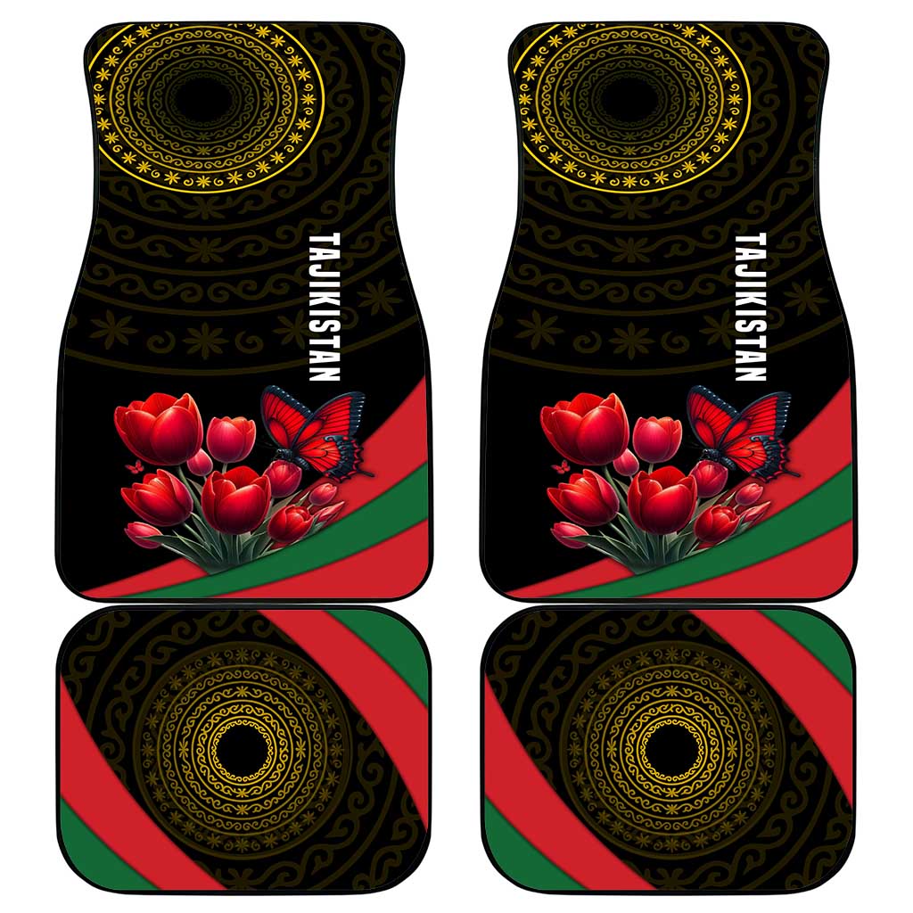 Tajikistan Car Mats Tulip with Red Floral Butterfly with Black Gold Folk Pattern
