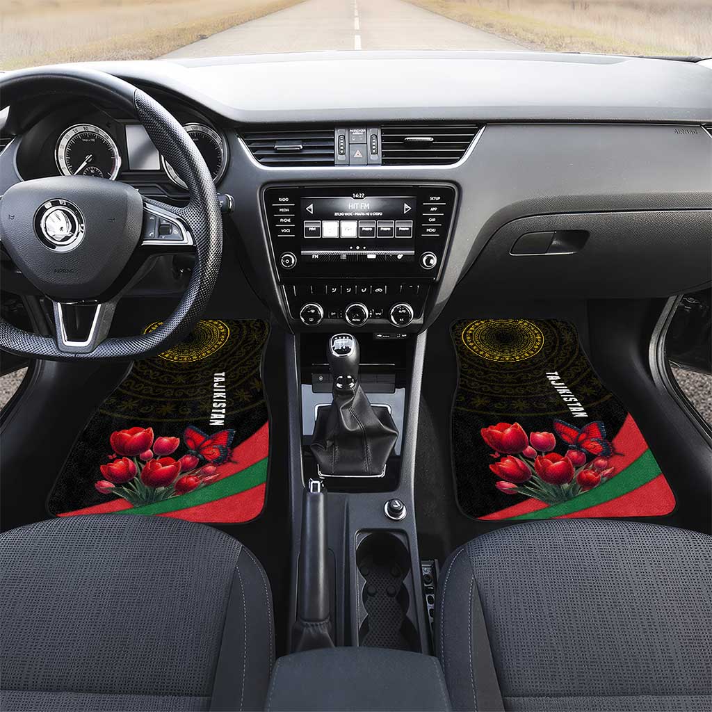 Tajikistan Car Mats Tulip with Red Floral Butterfly with Black Gold Folk Pattern
