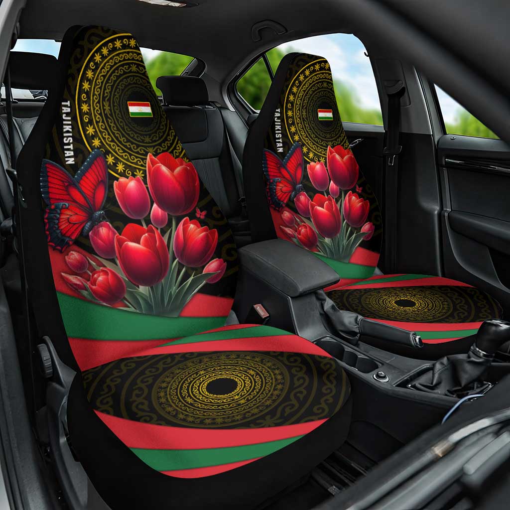 Tajikistan Car Seat Cover Tulip with Red Floral Butterfly with Black Gold Folk Pattern