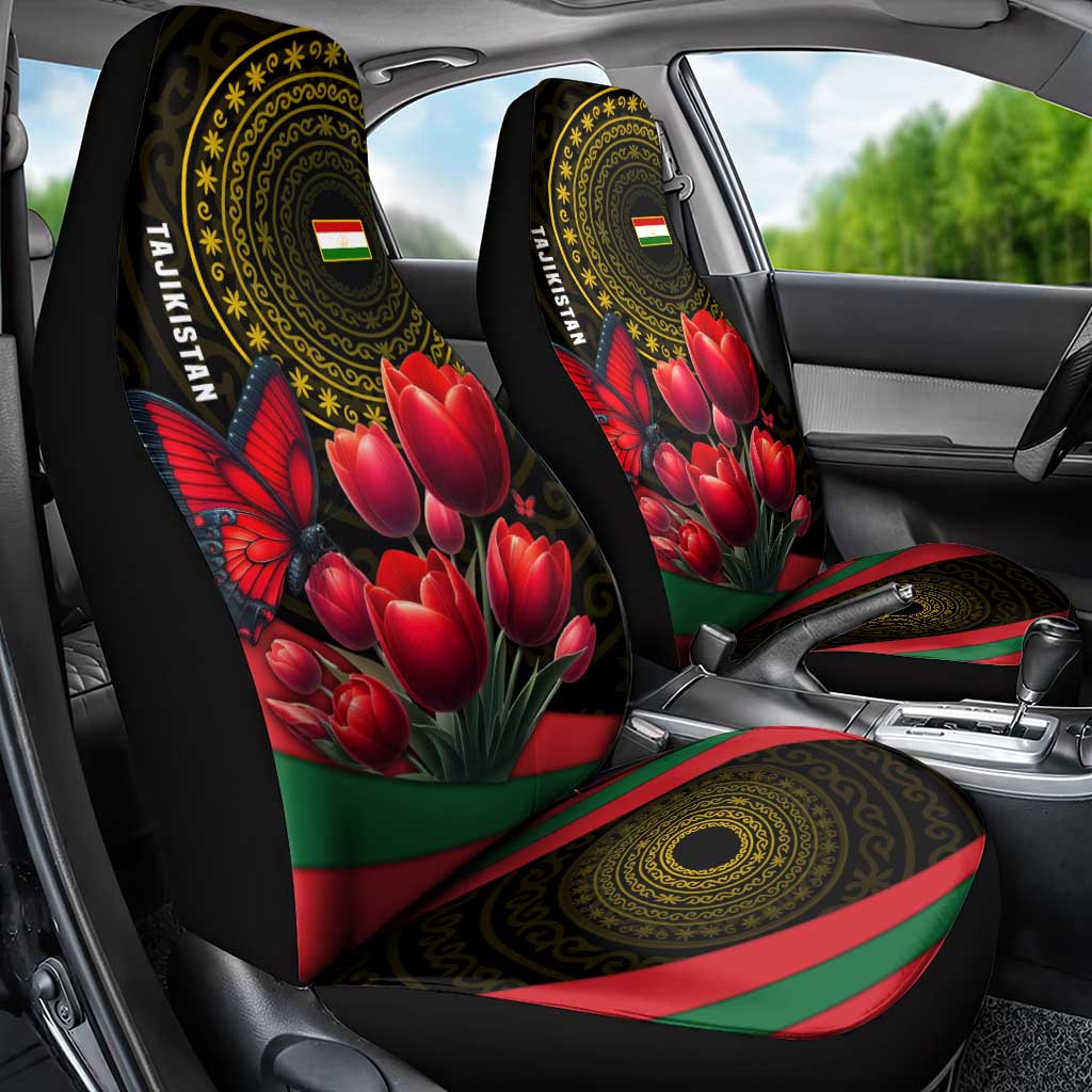 Tajikistan Car Seat Cover Tulip with Red Floral Butterfly with Black Gold Folk Pattern