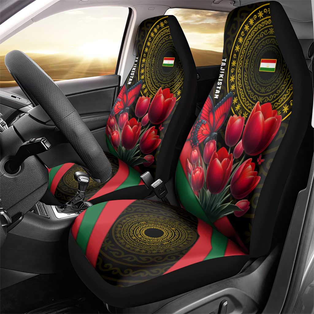 Tajikistan Car Seat Cover Tulip with Red Floral Butterfly with Black Gold Folk Pattern