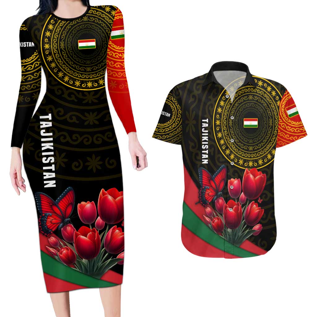 Tajikistan Couples Matching Long Sleeve Bodycon Dress and Hawaiian Shirt Tulip with Red Floral Butterfly with Black Gold Folk Pattern
