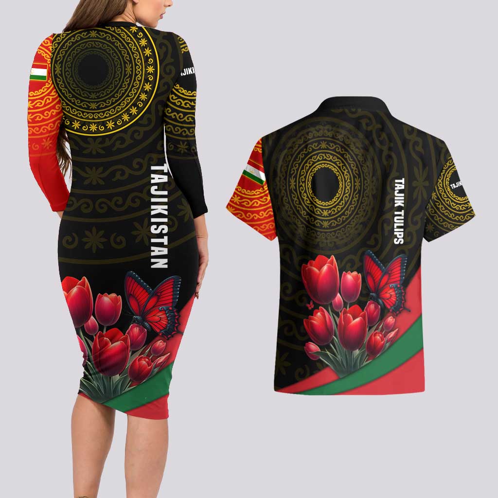 Tajikistan Couples Matching Long Sleeve Bodycon Dress and Hawaiian Shirt Tulip with Red Floral Butterfly with Black Gold Folk Pattern