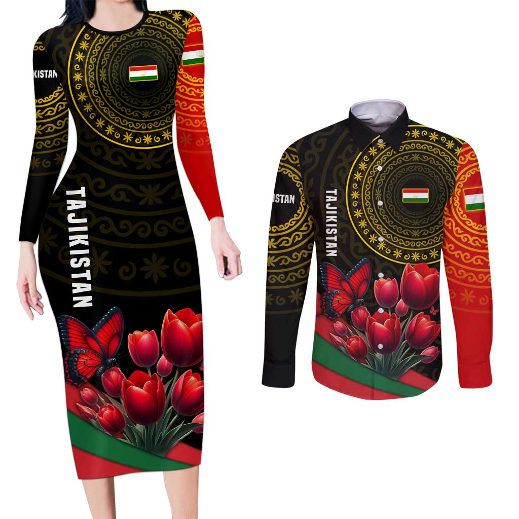 Tajikistan Couples Matching Long Sleeve Bodycon Dress and Long Sleeve Button Shirt Tulip with Red Floral Butterfly with Black Gold Folk Pattern